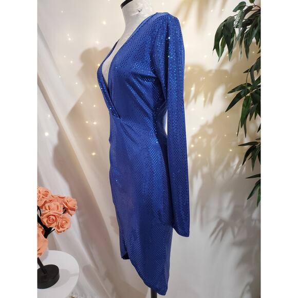 Symphony Vtg Y2K Mirror Sequin Sparkle Tulip Hem Faux Wrap Dress Size M Blue - Picture 4 of 10